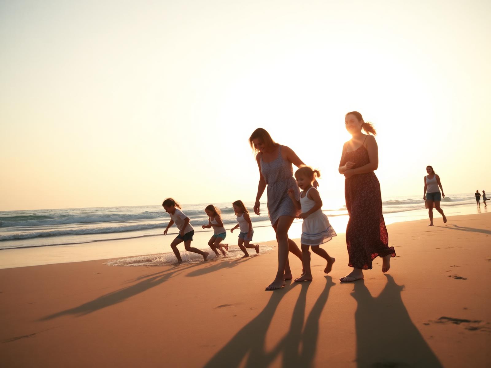 A sunlit neighborhood park at golden hour with moms and kids walking together in the distance